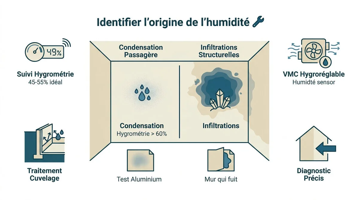 Diagnostic des signes d'humidité et de condensation sur un mur de buanderie