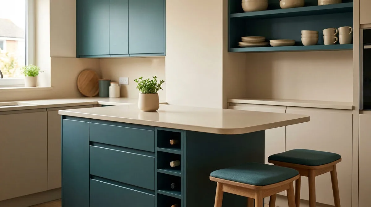 Îlot de cuisine bleu pétrole avec plan de travail beige et deux tabourets assortis dans une cuisine lumineuse.