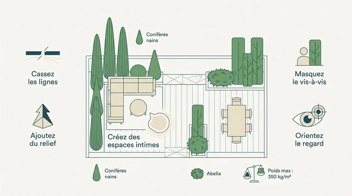 Infographie présentant l'aménagement d'une terrasse avec des plantes structurantes pour créer de l'intimité