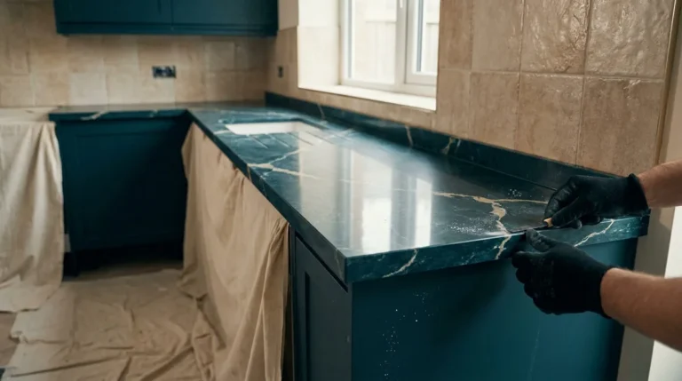 Mains gantées ajustant un nouveau plan de travail en marbre sombre sur des meubles de cuisine bleu pétrole.