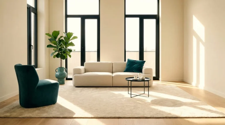 Un salon moderne baigné de lumière naturelle avec un canapé beige, un fauteuil vert et une plante devant de grandes baies.