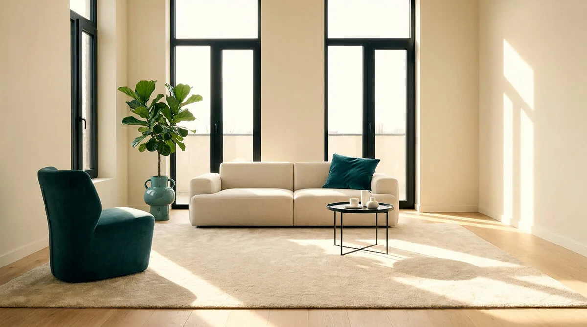 Un salon moderne baigné de lumière naturelle avec un canapé beige, un fauteuil vert et une plante devant de grandes baies.
