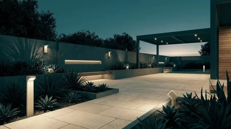 Terrasse moderne illuminée par des bornes et appliques LED créant une ambiance élégante et sereine à la tombée de la nuit.