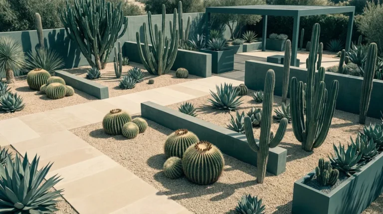 Un jardin sec contemporain avec des cactus, des agaves et des allées en pierre beige, structuré par des murets gris foncé.