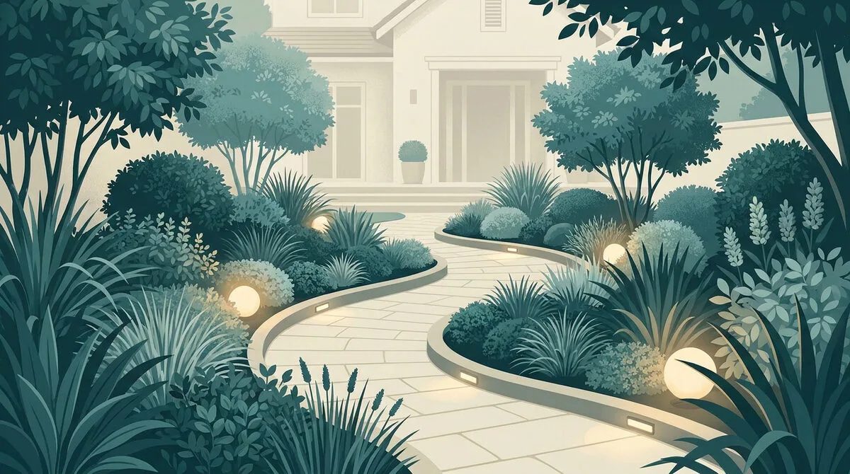 Une allée de jardin pavée et sinueuse menant à une maison, entourée de plantes luxuriantes et de lumières douces.