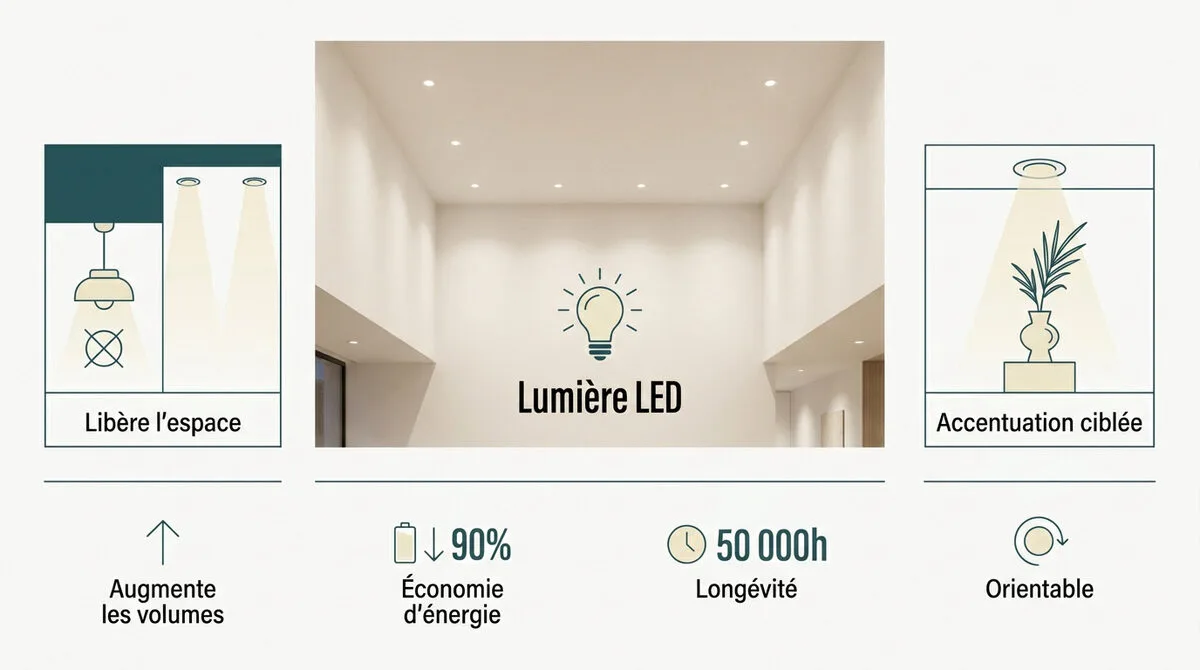 Plafond moderne avec spots encastrés LED créant une ambiance épurée