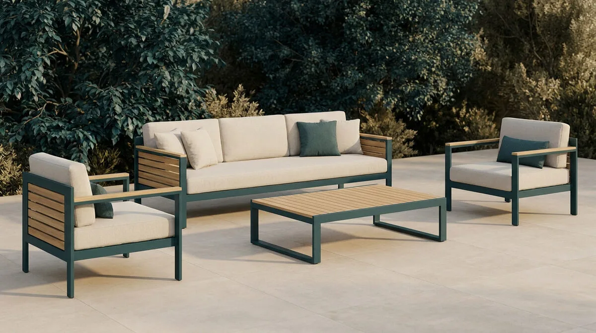 Salon de jardin avec canapé et fauteuils en métal vert et bois sur une terrasse entourée d'arbres.