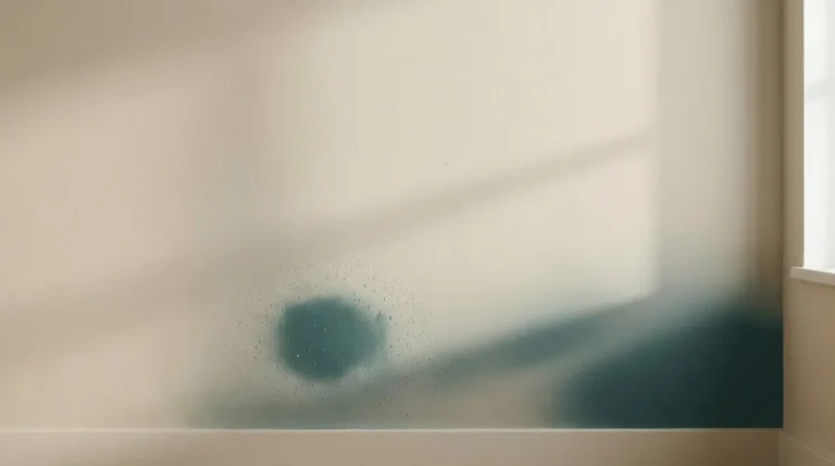 Gros plan sur un mur intérieur beige avec de la condensation et des taches d'humidité, éclairé par la lumière du jour.