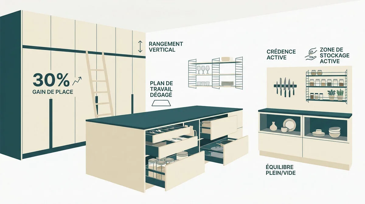Optimisation astucieuse du rangement dans une cuisine ouverte moderne