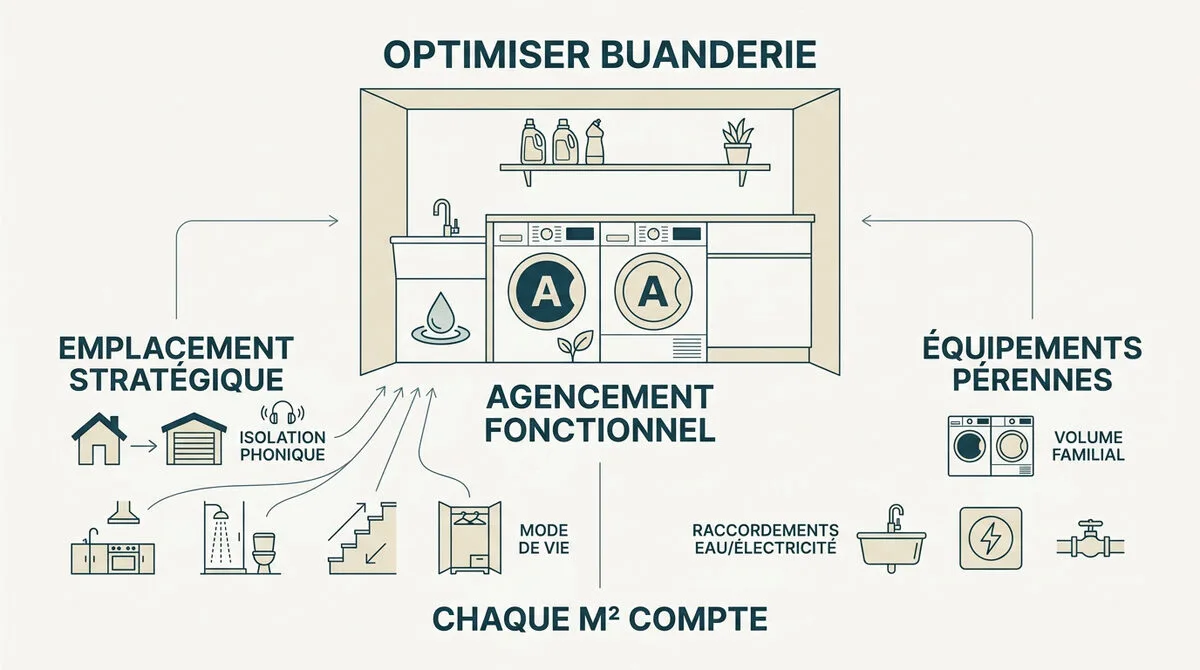 Buanderie moderne optimisée avec machines et rangements bois