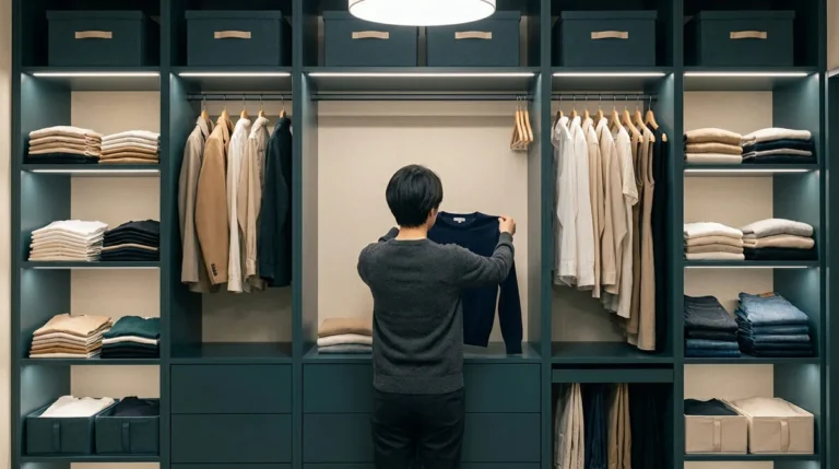 Une personne range un pull bleu dans un dressing moderne et ordonné avec des étagères éclairées et des boîtes de rangement.