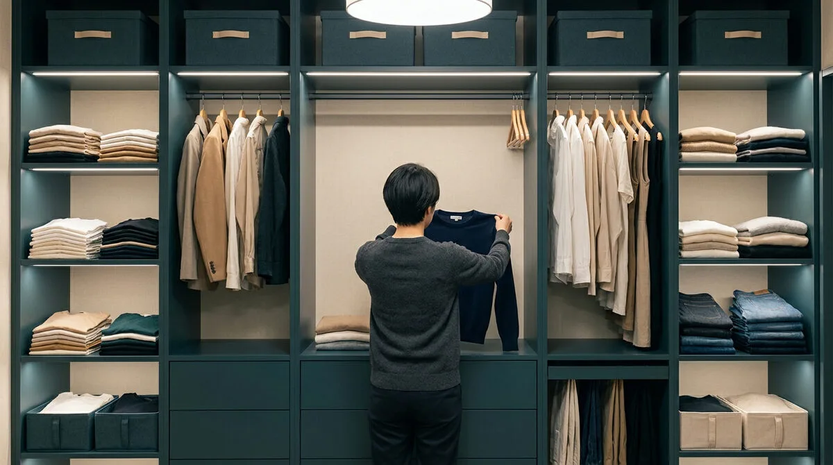 Une personne range un pull bleu dans un dressing moderne et ordonné avec des étagères éclairées et des boîtes de rangement.