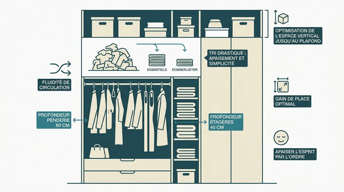 Placard de chambre parfaitement organisé avec des vêtements triés et des étagères épurées