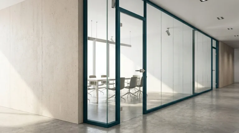 Cloison vitrée avec cadre en métal sombre séparant un couloir d'une salle de réunion lumineuse.
