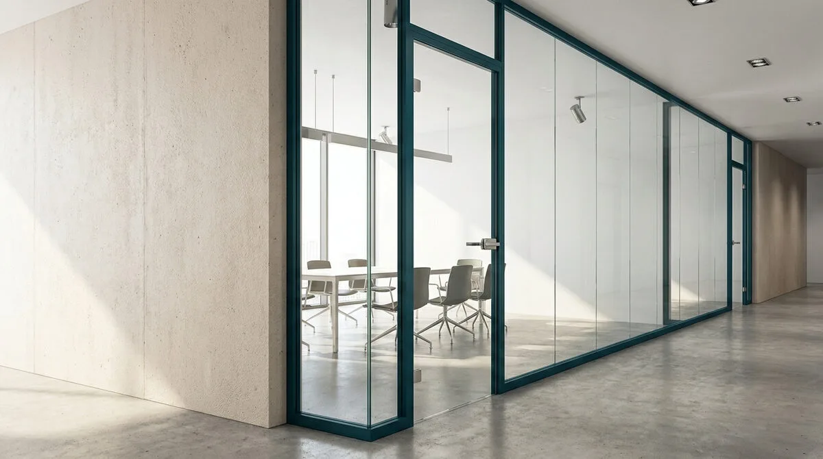 Cloison vitrée avec cadre en métal sombre séparant un couloir d'une salle de réunion lumineuse.