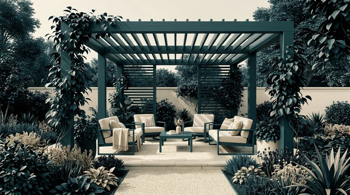 Salon de jardin sous une pergola en bois moderne entourée de plantes luxuriantes dans un jardin paisible.