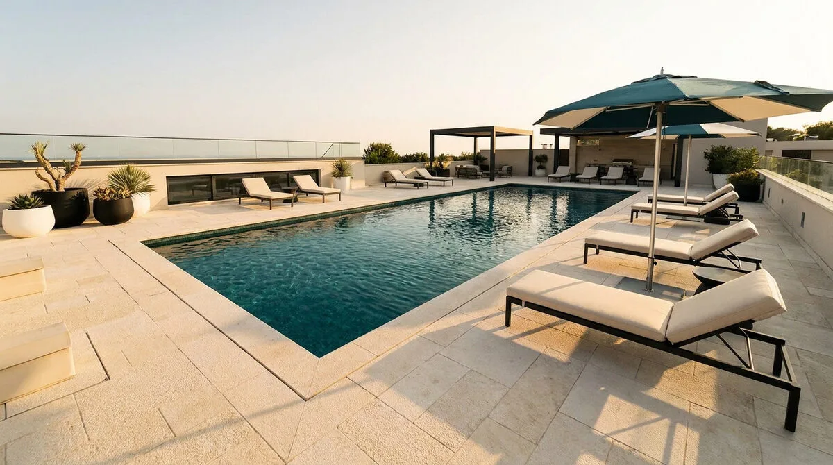 Terrasse de piscine moderne avec transats, parasols et végétation sur un toit-terrasse ensoleillé.
