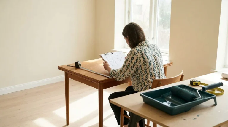 Une personne assise à une table en bois étudie des plans architecturaux dans une pièce lumineuse en cours de rénovation.