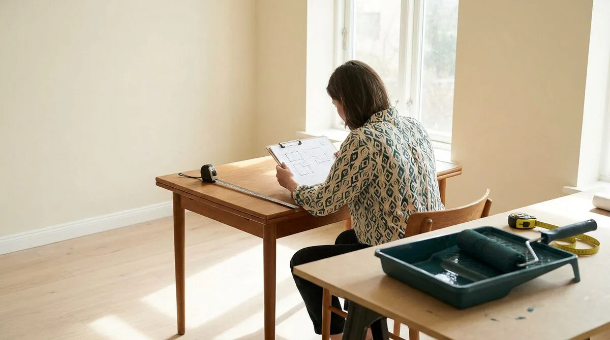 Une personne assise à une table en bois étudie des plans architecturaux dans une pièce lumineuse en cours de rénovation.