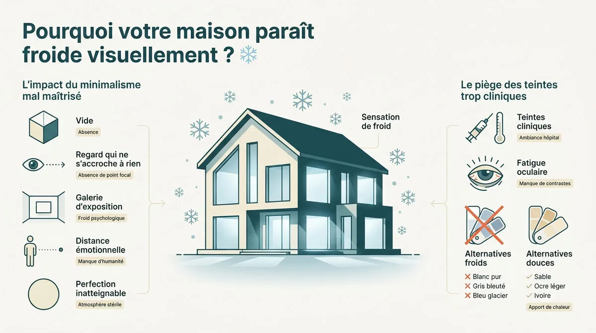 Salon au design minimaliste et froid avec des murs blancs et des surfaces lisses