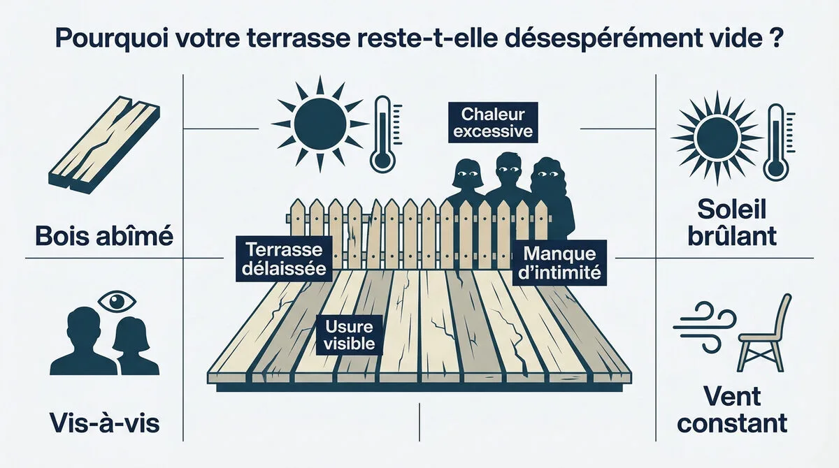 Terrasse en bois délaissée avec des lames grises et un manque d'aménagement