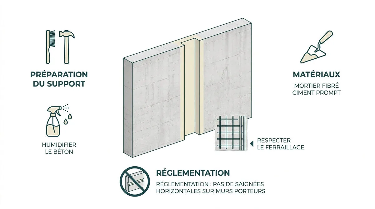 Préparation sécurisée pour reboucher une saignée dans un mur en béton