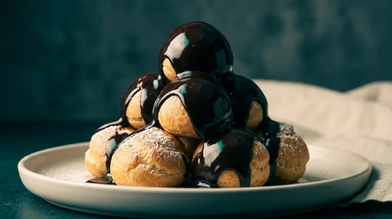 Pyramide de choux à la crème nappés d'une sauce au chocolat brillant sur une assiette blanche.