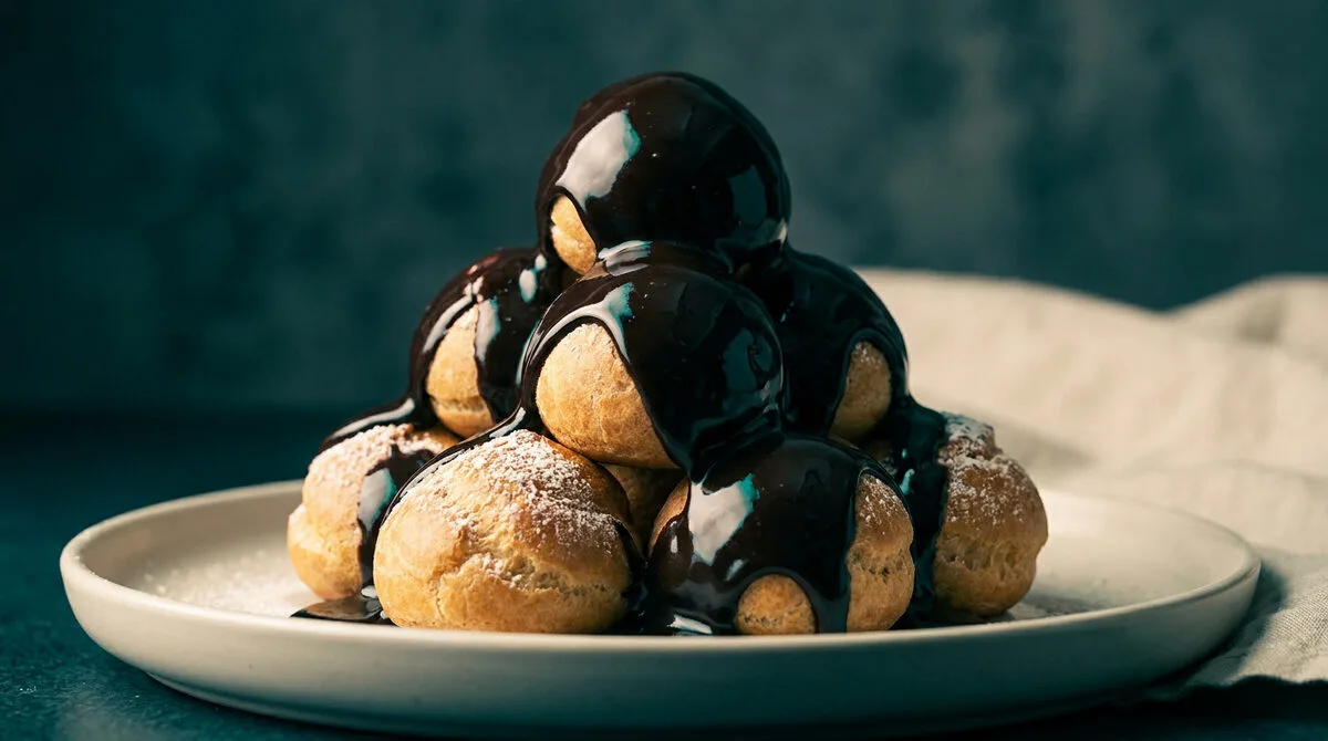 Pyramide de choux à la crème nappés d'une sauce au chocolat brillant sur une assiette blanche.