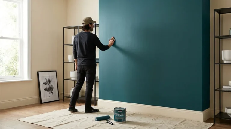 Un homme vérifie la texture d'un mur fraîchement peint en bleu canard dans une pièce lumineuse.