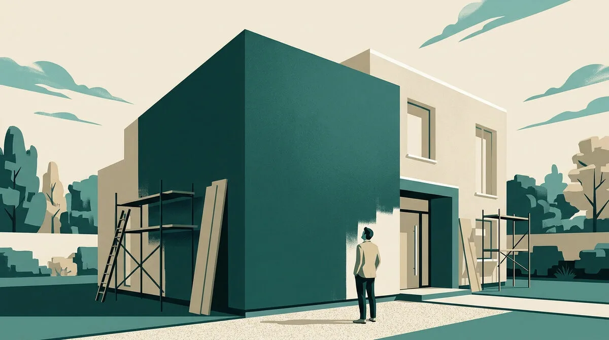 Un homme regarde une maison moderne en cours de rénovation avec des échafaudages et des murs partiellement peints en vert.