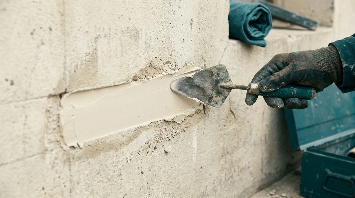 Une main gantée utilisant une truelle pour lisser de l'enduit dans une saignée sur un mur en béton brut.