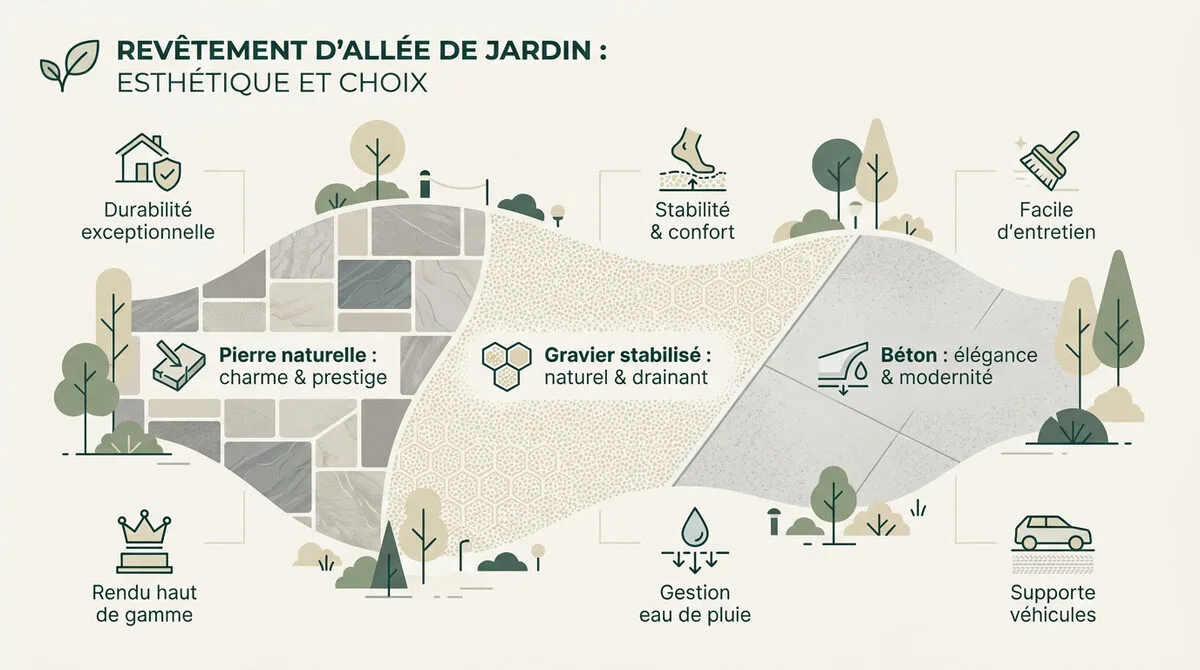 Allée de jardin esthétique en pierre naturelle et gravier stabilisé serpentant dans un jardin paysager