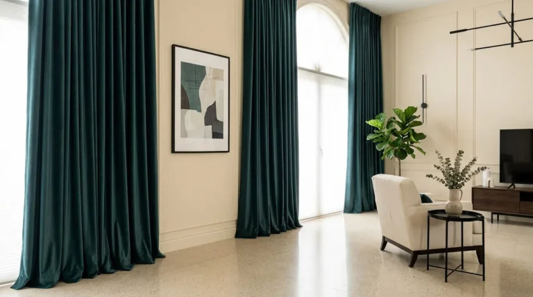 Rideaux en velours vert émeraude toute hauteur habillant des baies vitrées dans un salon chic aux murs beiges.
