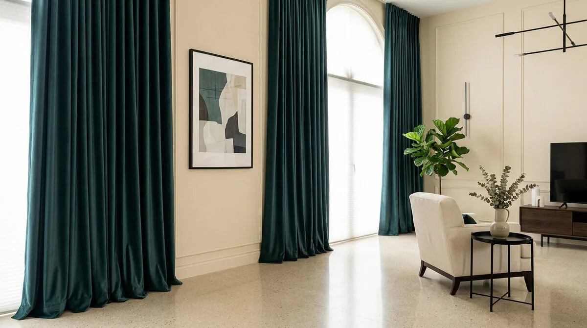 Rideaux en velours vert émeraude toute hauteur habillant des baies vitrées dans un salon chic aux murs beiges.