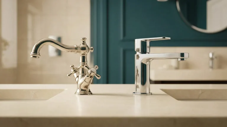 Comparaison entre un robinet au design classique et un robinet au style moderne posés sur un plan de toilette.