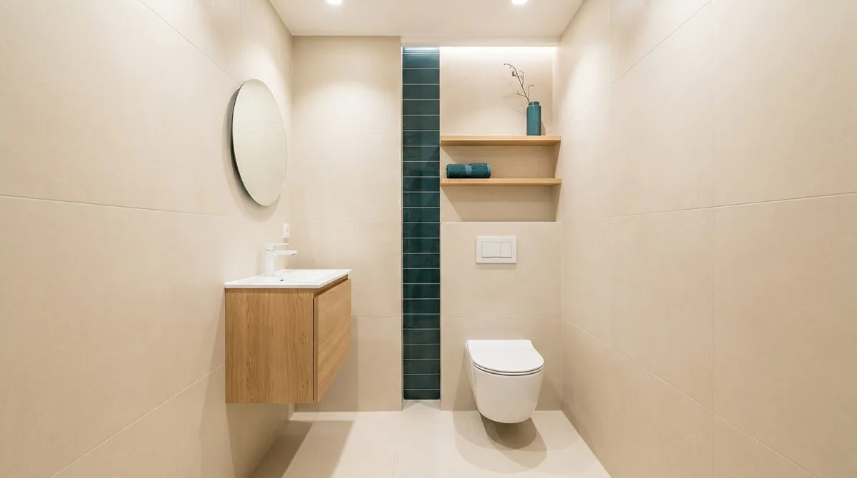 Toilettes modernes avec carrelage beige, meuble vasque en bois et touche de bleu pétrole.