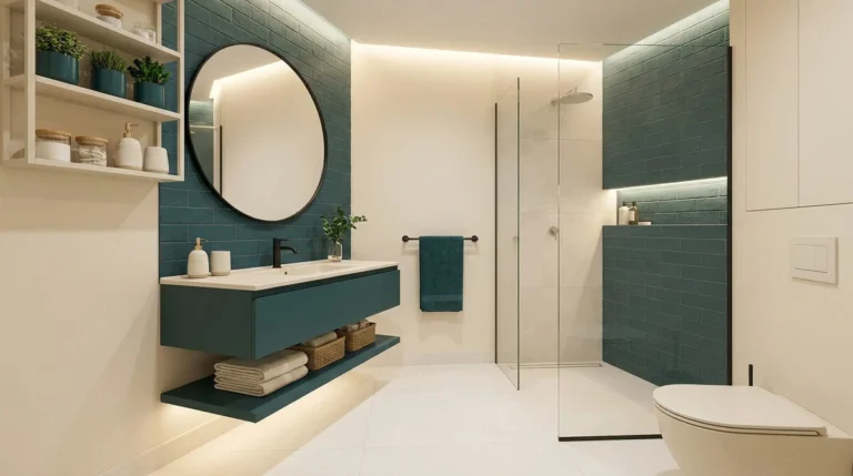 Salle de bain moderne avec carrelage bleu pétrole, meuble vasque suspendu, douche à l'italienne et éclairage LED.