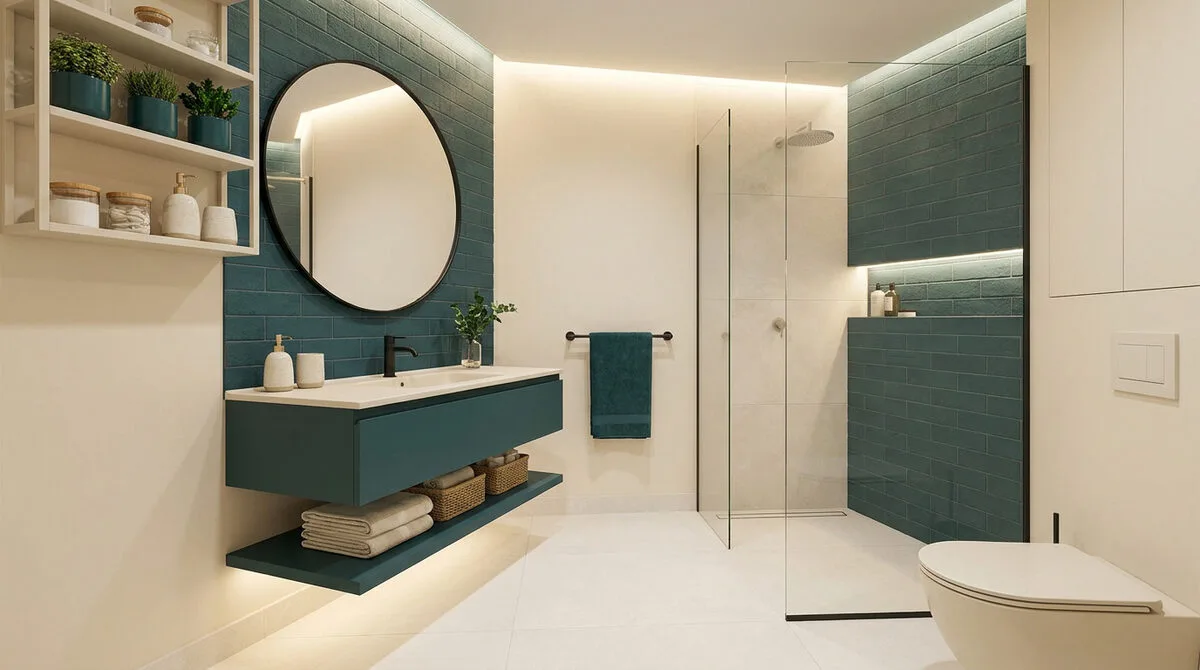 Salle de bain moderne avec carrelage bleu pétrole, meuble vasque suspendu, douche à l'italienne et éclairage LED.