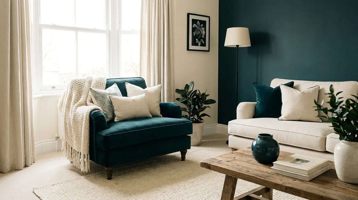 Salon moderne avec un fauteuil bleu pétrole, un canapé beige et des murs contrastés pour une décoration harmonieuse.