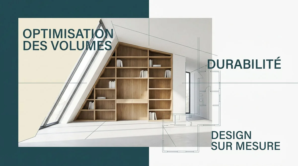 Bibliothèque sur mesure en bois massif intégrée dans un salon moderne aux lignes architecturales épurées