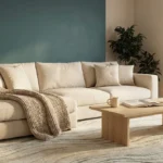 Canapé beige avec un plaid en grosse maille devant un mur bleu pétrole dans un salon lumineux et douillet.