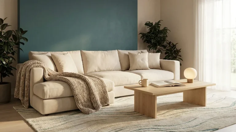 Canapé beige avec un plaid en grosse maille devant un mur bleu pétrole dans un salon lumineux et douillet.