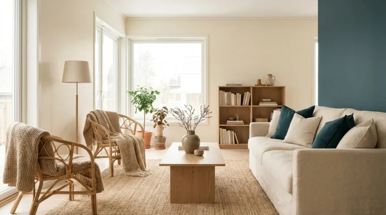 Salon scandinave avec fauteuils en rotin, canapé beige, tapis en jute et mur bleu profond.