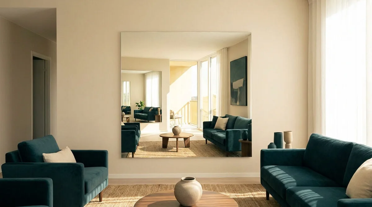 Un grand miroir carré fixé au mur reflétant un salon lumineux avec des canapés bleu canard.
