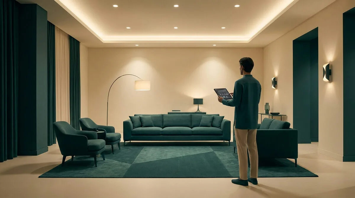 Un homme ajuste l'éclairage d'un salon moderne et élégant avec une tablette numérique.