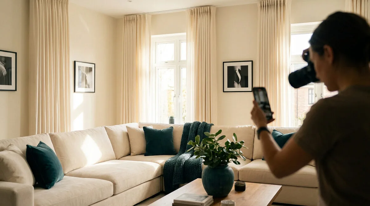 Une photographe capture des images d'un salon élégant et lumineux avec un canapé beige et des touches de bleu pétrole.
