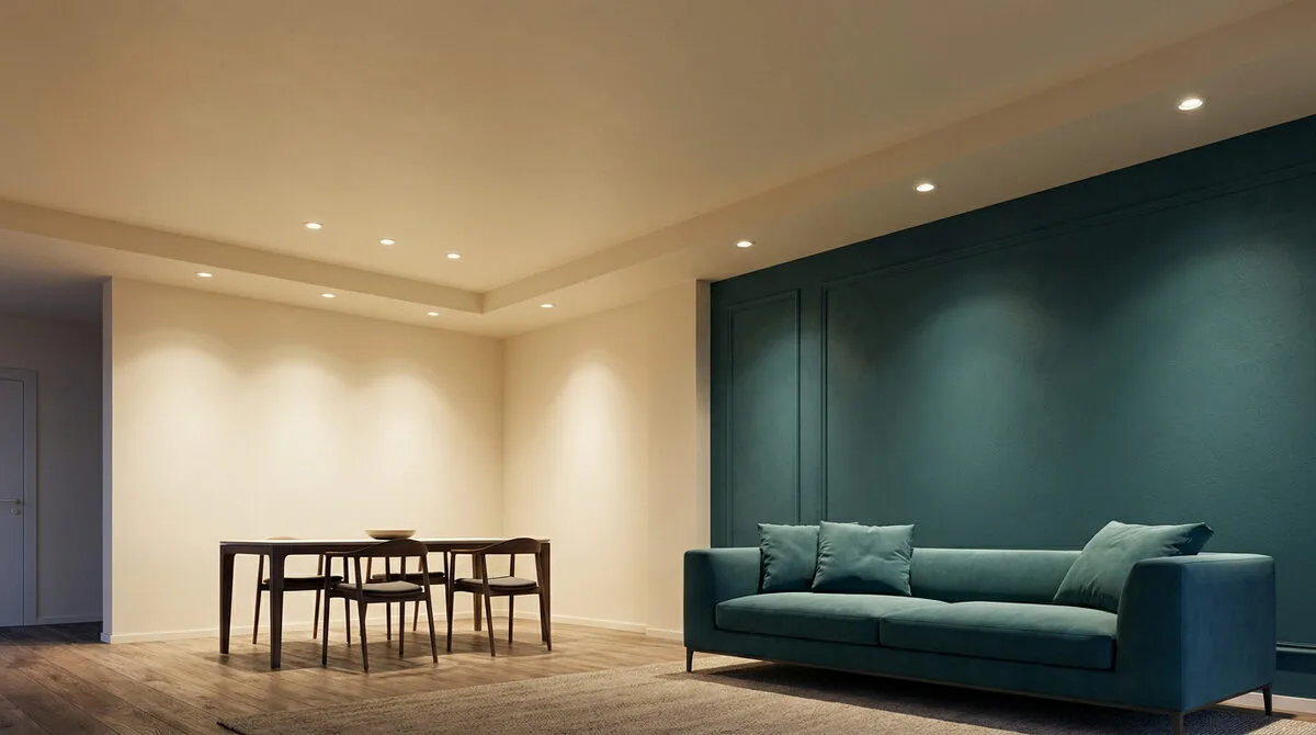 Salon moderne avec canapé bleu canard et éclairage encastré au plafond diffusant une lumière douce.