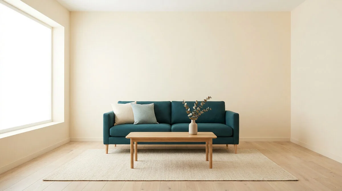 Un canapé bleu canard dans une pièce minimaliste aux murs beiges, avec une table basse en bois et un tapis clair.