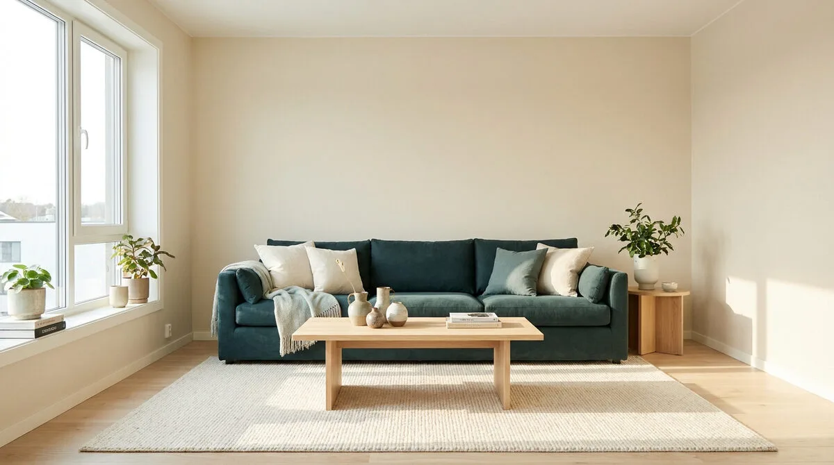 Salon moderne aux tons neutres avec un canapé bleu pétrole et une table basse en bois clair.