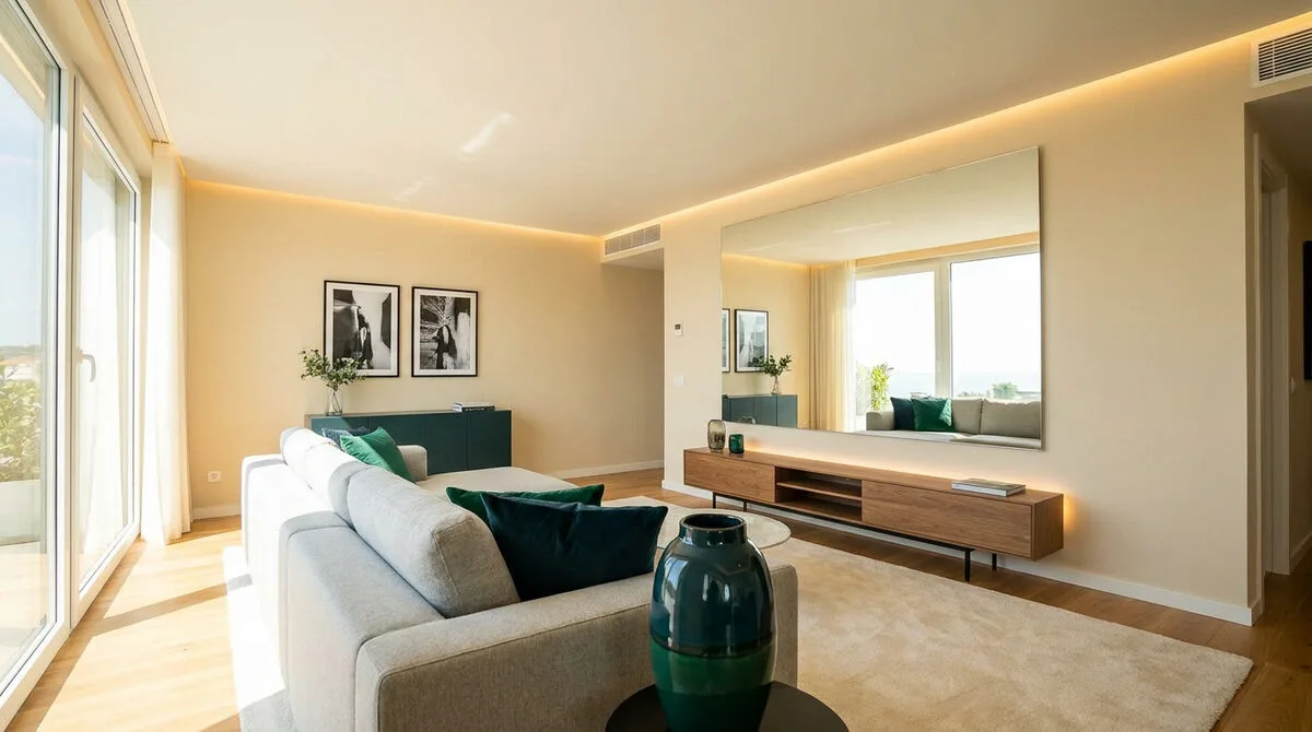Salon moderne avec canapé gris, miroir mural et éclairage indirect pour maximiser la clarté.